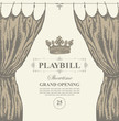 Vector playbill with place for text, theater curtain and crown in retro style. Hand-drawn illustration on the theme of modern theatrical art, grand opening