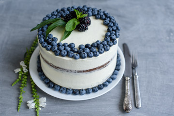 Beautiful tasty cake with white cream and berries of blueberry