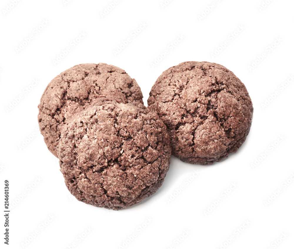 Delicious chocolate cookies on white background