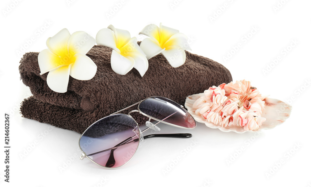 Set of items for rest on beach on white background