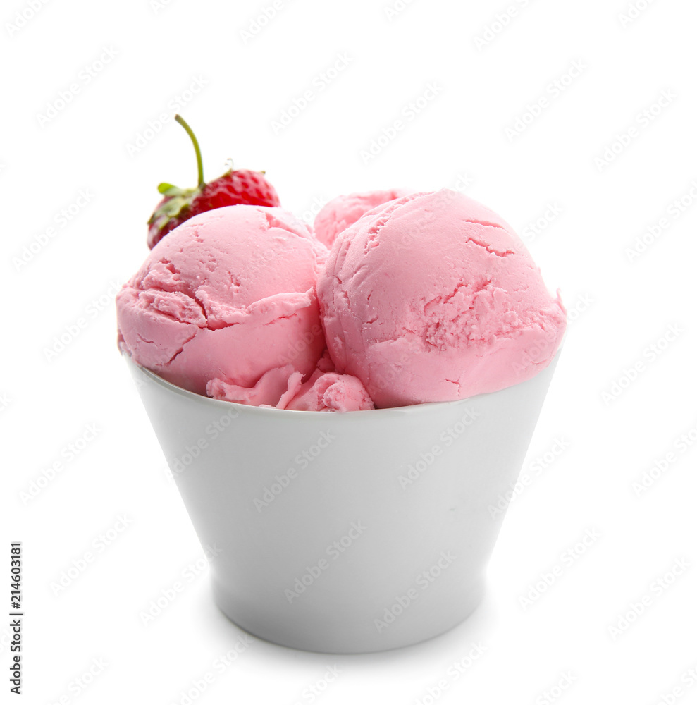 Bowl with tasty strawberry ice cream on white background