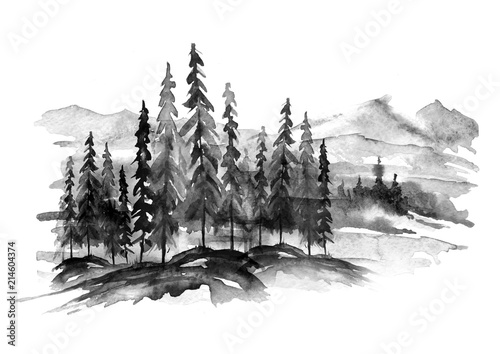 Watercolor Picture Of Mountains Rocks Peaks Coniferous Forest