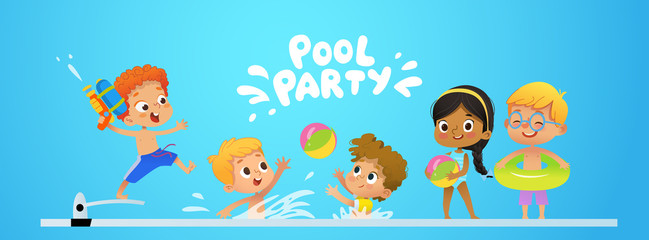 Pool party Invitation template baner. Multiracial Children have fun in pool. Redhead boy with a toy water gun jumping in a pool. Children playing with a ball in the water