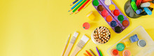 Day Care Concept - Art Supplies And Toys On Bright Background