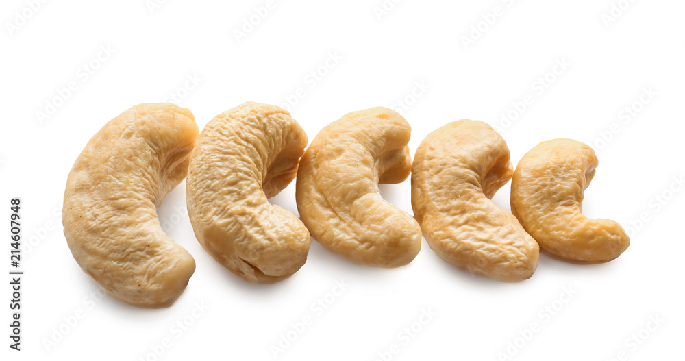 Tasty cashew nuts on white background