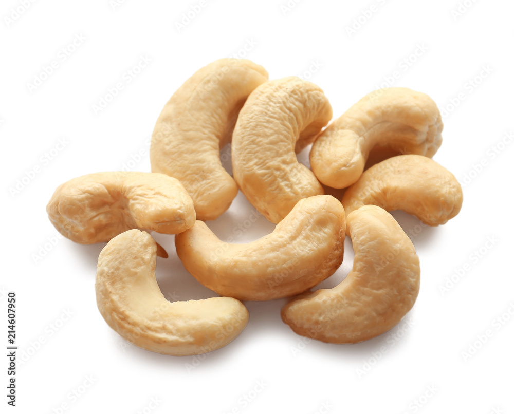 Tasty cashew nuts on white background