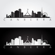 Canberra skyline and landmarks silhouette, black and white design, vector illustration.