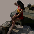 stained glass picture. woman looking into the distance sitting on stones