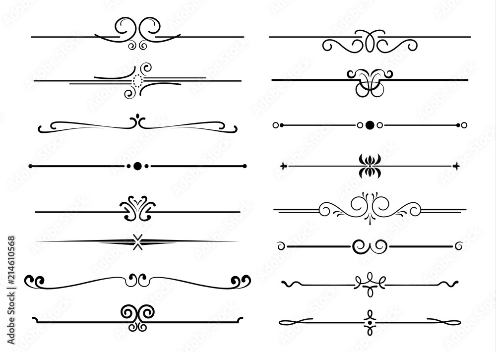 Set of ornamental filigree flourishes and thin dividers - obrazy, fototapety, plakaty 