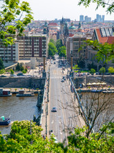 Cech Bridge over Vltava River and Parizska Street in Prague, Czech Republic.