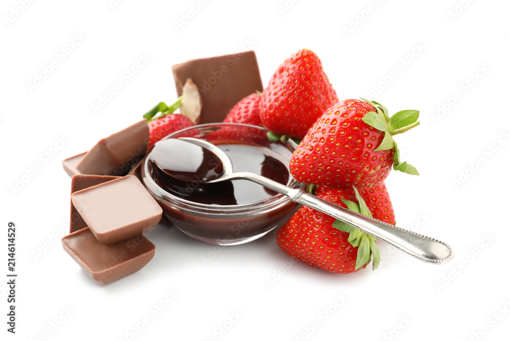 Fresh ripe strawberries with chocolate on white background