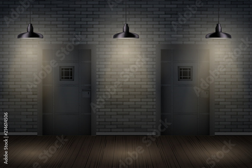 Fotografija Prison interior with Metal Prison Jail cell doors and pedant lamps