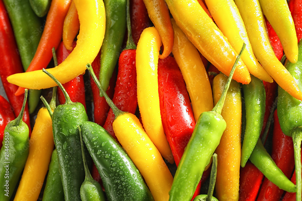 Wet chili peppers, closeup