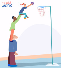 Illustration about Teamwork and Team Spirit. Three persons of different races and genders playing basketball. Nice metaphoric picture representing people achieving a common goal.