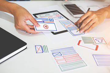 Wall Mural - creative web designer planning application and developing template layout, framework for mobile phon