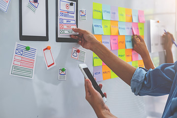 Wall Mural - Creative Web Designer planning application and developing template layout, framework for mobile phone. User experience (UX) concept.