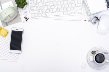 Top view white vintage home office desk hero header background