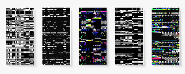 Fototapete - Glitch backgrounds set. Mobile device screen error. Digital pixel noise abstract design. Device signal fail. Gadget data decay. Glitch tv wallpaper. Monitor technical problem.