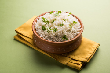 Canvas Print - Coriander or cilantro Basmati Rice, served in a ceramic or terracotta bowl. It's a popular Indian OR Chinese recipe. Selective focus