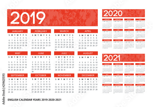 Fényképezés English textured calendar 2019-2020-2021 vector template