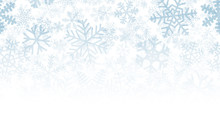Christmas Background Of Many Layers Of Snowflakes Of Different Shapes, Sizes And Transparency. Gradient From Light Blue To White