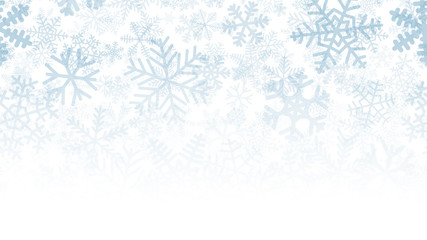 Christmas background of many layers of snowflakes of different shapes, sizes and transparency. Gradient from light blue to white