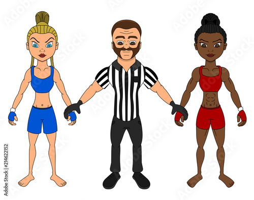 Female Mma Fighters And A Referee Cartoon Buy This Stock Vector And Explore Similar Vectors At Adobe Stock Adobe Stock