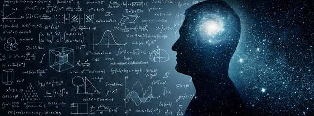 Wall Mural - The universe within. Silhouette of a man inside the universe, physical and mathematical formulas.. The concept on scientific and philosophical topics.  Elements of this image furnished by NASA.