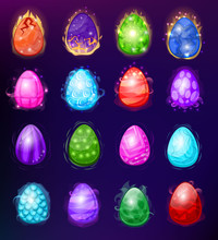 Dragon Eggs Vector Cartoon Egg-shell And Colorful Egg-shaped Easter Symbol Illustration Set Of Fantasy Dinosaur Egghead Isolated On Background