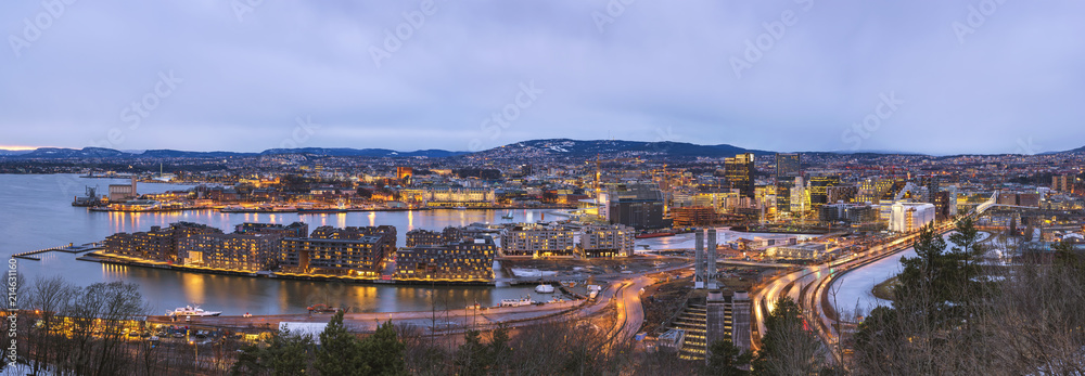 Obraz na płótnie Oslo night aerial view city skyline panorama at business district and Barcode Project, Oslo Norway w salonie