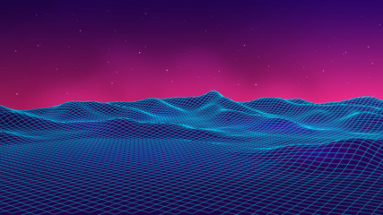 Abstract futuristic landscape 1980s style. Vector illustration 80s party background . 80s Retro Sci-Fi background.