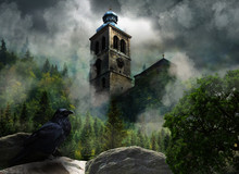 Fantastic Scenery With Church In Clouds And Raven