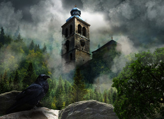 Fantastic scenery with church in clouds and raven