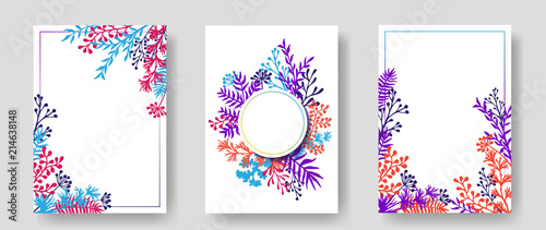 Vector invitation cards with herbal twigs and branches wreath and corners bor...
