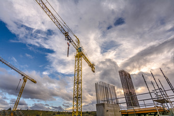 Wall Mural - Construction of a bridge with cranes in the expansion works of the Madrid - Segovia - Valladolid highway. Fundamental axis of communications