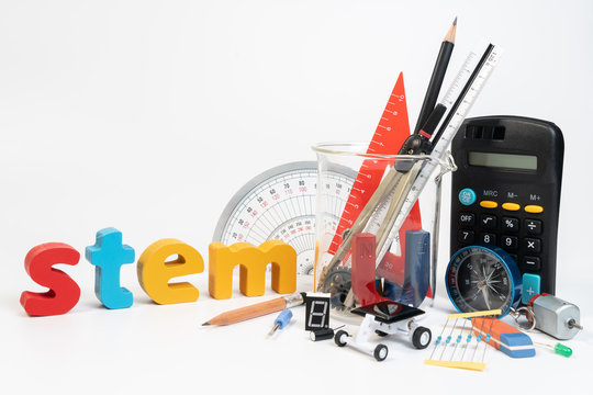 Wall Mural - Equipment of STEM education, Science, Technology, Engineering, Mathematics. STEM education concept isolated on white background.