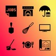 Vector icon set about home with 9 icons related to light, washing, industrial, strategy, spade, sweeper, season, serving, person and project