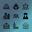 Vector icon set about building with 9 icons related to downtown, computer, payment, commercial, e-commerce, line, relax, usa, table mountain and library