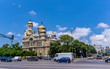 Cathedral, Holy Assumption. An old building from the end of the 19th century. Orthodox temple made of cut stone, domes covered with copper sheets, three-nave basilica. Editorial use only.