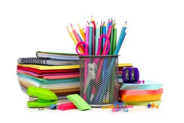 Wall Mural - Group of colorful school supplies isolated on a white background