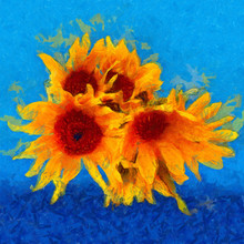 Sunflower Flower In Small Clear Glass Isolated On Blue, Digital Painting. Imitation Of The Style Of Van Gogh