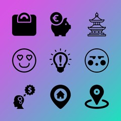 Vector icon set about business with 9 icons related to drawing, shy, light, energy, economic, pin, mouth, bright, minimalistic and national