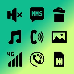 Vector icon set about mobile device with 9 icons related to one, music, message, chip, cellular, sim, object, magazine, desk and background