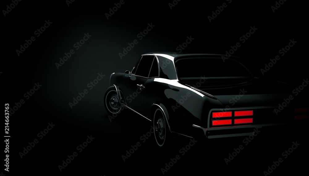 Classic car on a black background. 3d render - obrazy, fototapety, plakaty 