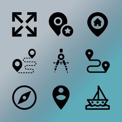 Vector icon set about location with 9 icons related to direction, photo, hair, wave, communication, marketing, 66, business, internet and template