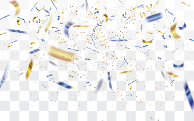 Realistic falling bokeh golden and blue confetti isolated on transparent checkered background.Vector illustration.