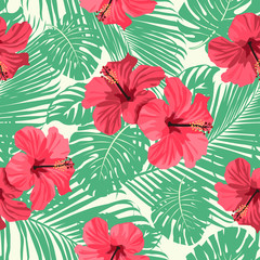 Wall Mural - Tropical flowers and palm leaves on background. Seamless. Vector pattern.