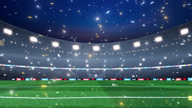 Professional evening soccer stadium background. Stadium and crowd are made in 3D.