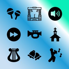 Wall Mural - Vector icon set about music with 9 icons related to pictogram, merry, cinema, chapel, singing, photo, net, tv, bright and christian