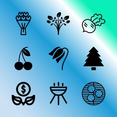 Vector icon set about gardening with 9 icons related to hot, investment, drawing, chart, macro, season, spring, roasted, harvest and concept